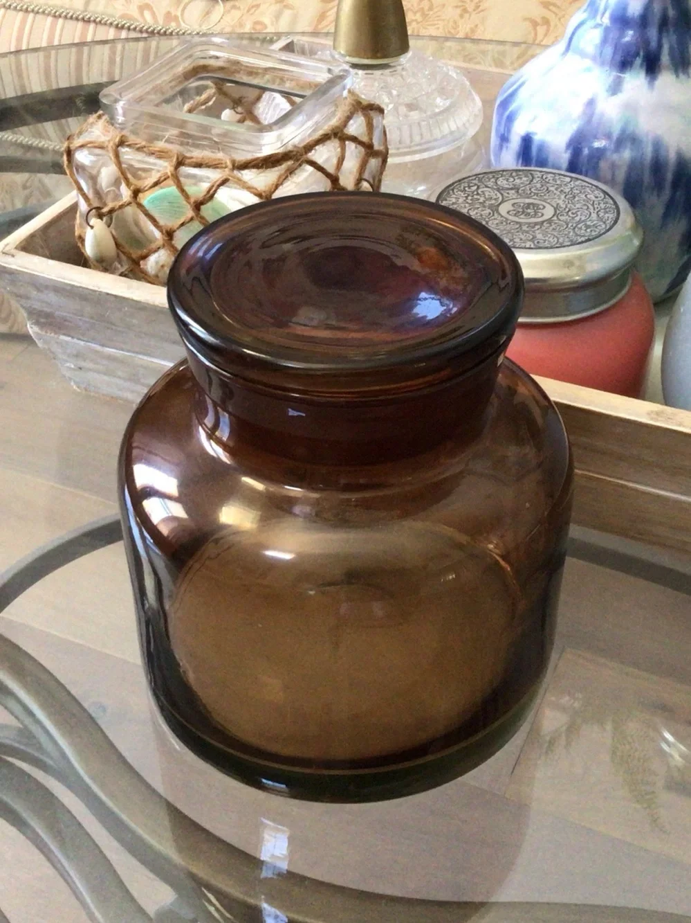 Amber Glass Jar with lid 6.5”H